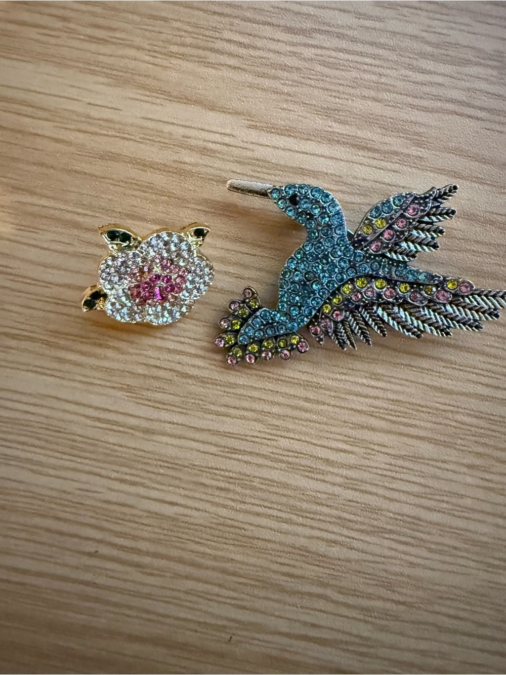 Crystal Bird and Flower Brooch Duo - Blue, Pink, Yellow
